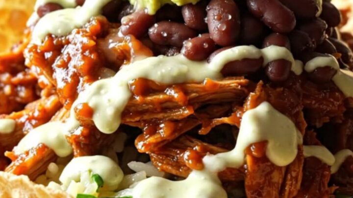 A close-up of a bowl filled with sweet shredded pork topped with melted Monterey Jack cheese and fresh cilantro.