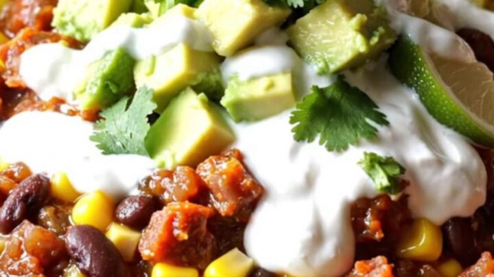 A steaming crockpot filled with chorizo, black beans, corn, and melted cheese.