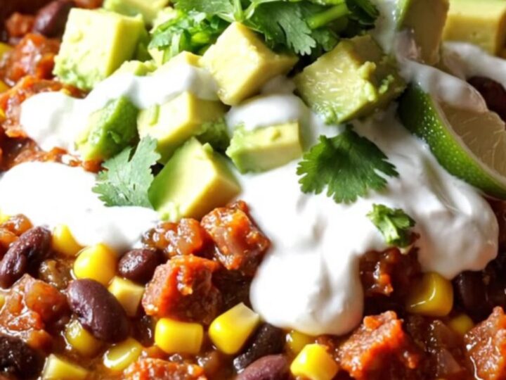 A steaming crockpot filled with chorizo, black beans, corn, and melted cheese.