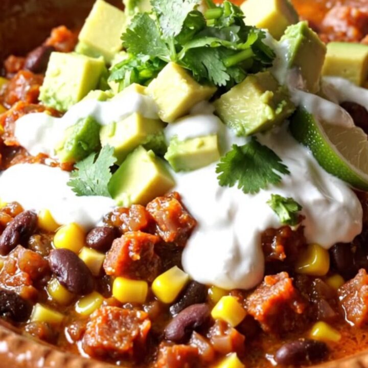 A steaming crockpot filled with chorizo, black beans, corn, and melted cheese.