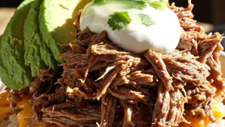 A vibrant burrito bowl featuring tender shredded beef machaca, Spanish rice, and fresh avocado.