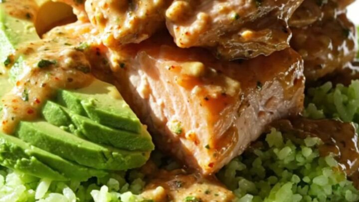 A ceramic slow cooker filled with flaky cooked salmon, sweet corn, and a creamy, smoky chipotle-lime sauce.