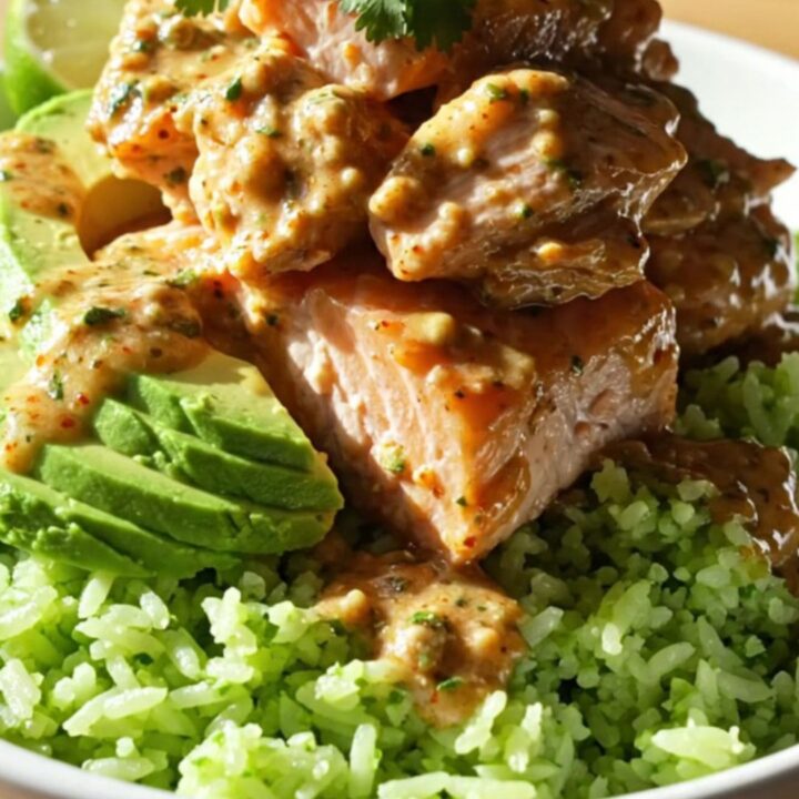 A ceramic slow cooker filled with flaky cooked salmon, sweet corn, and a creamy, smoky chipotle-lime sauce.