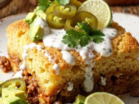 A golden, fluffy Jiffy cornbread crust topped with bubbling melted sharp cheddar cheese in a slow cooker.