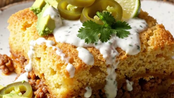 A golden, fluffy Jiffy cornbread crust topped with bubbling melted sharp cheddar cheese in a slow cooker.