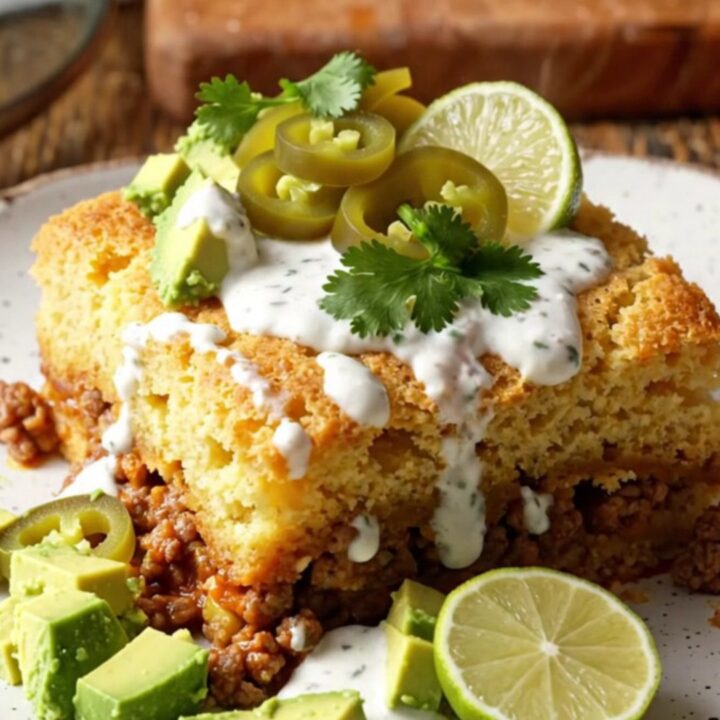 A golden, fluffy Jiffy cornbread crust topped with bubbling melted sharp cheddar cheese in a slow cooker.