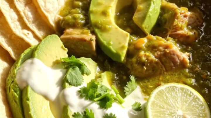 A close-up shot of tender pork chile verde in a dark green ceramic crockpot, showing steam rising and bubbling cheese.