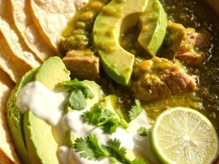 A close-up shot of tender pork chile verde in a dark green ceramic crockpot, showing steam rising and bubbling cheese.