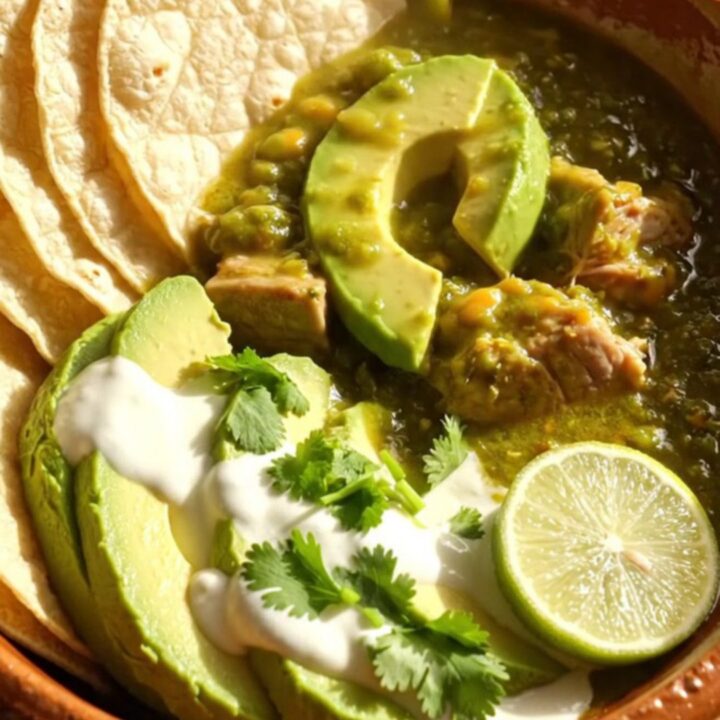 A close-up shot of tender pork chile verde in a dark green ceramic crockpot, showing steam rising and bubbling cheese.
