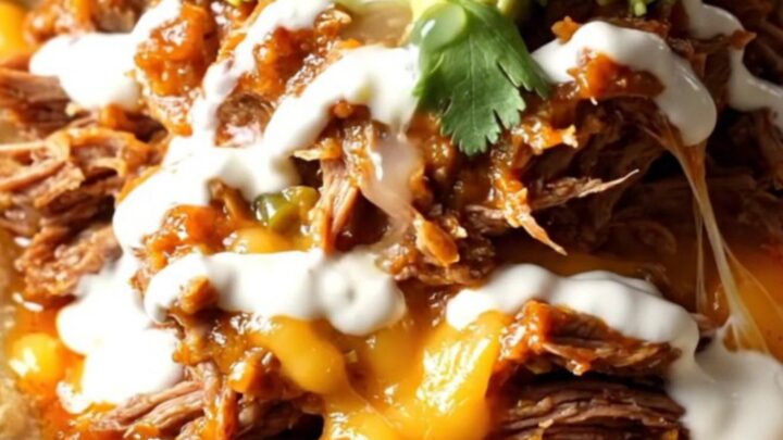 A stainless steel crockpot filled with shredded beef in a red chile sauce topped with melted Oaxaca cheese.