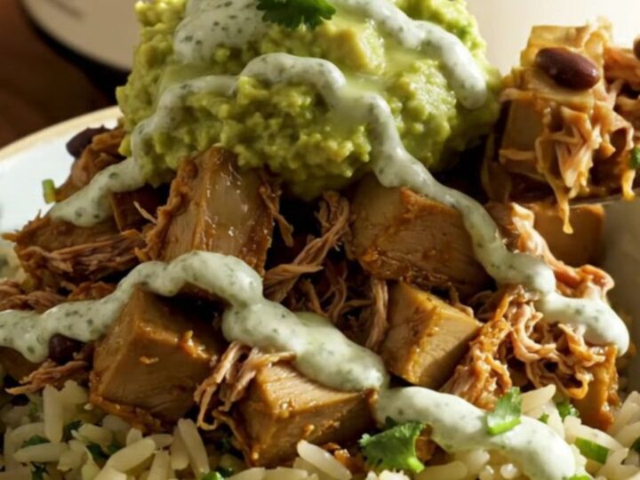 A vibrant burrito bowl featuring shredded jackfruit carnitas, black beans, and creamy avocado over cilantro-lime rice.