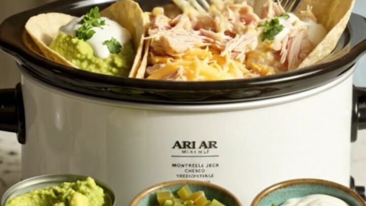 A glossy white slow cooker filled with creamy white queso chicken, with a spoon lifting a portion to show a cheese pull.