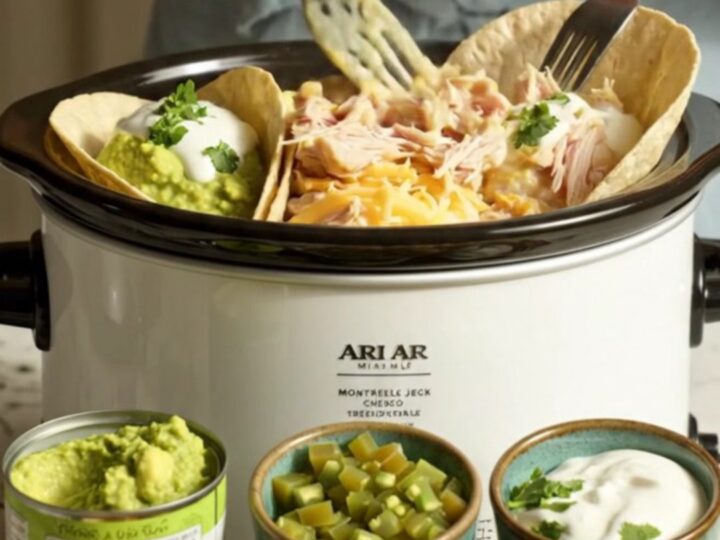 A glossy white slow cooker filled with creamy white queso chicken, with a spoon lifting a portion to show a cheese pull.