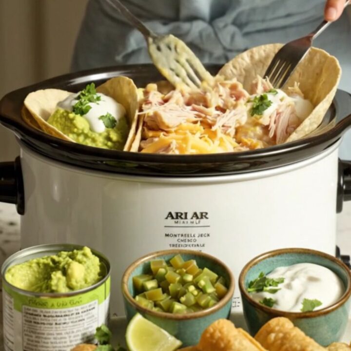 A glossy white slow cooker filled with creamy white queso chicken, with a spoon lifting a portion to show a cheese pull.