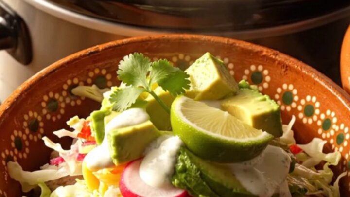 A steaming bowl of green chile pork posole topped with fresh cabbage, avocado, and radishes in a warm kitchen.