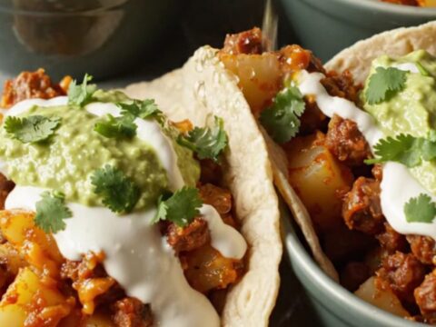 A close-up of a slow cooker filled with golden potato cubes and chorizo, topped with melted Monterey Jack cheese.