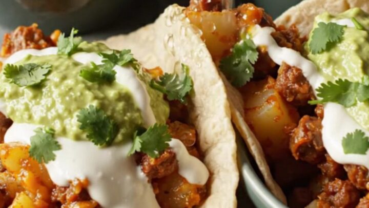 A close-up of a slow cooker filled with golden potato cubes and chorizo, topped with melted Monterey Jack cheese.