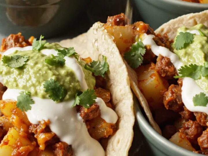A close-up of a slow cooker filled with golden potato cubes and chorizo, topped with melted Monterey Jack cheese.