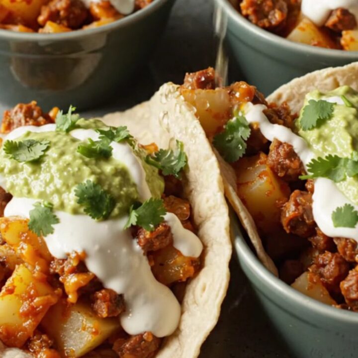 A close-up of a slow cooker filled with golden potato cubes and chorizo, topped with melted Monterey Jack cheese.