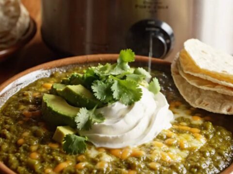 A steaming bowl of Colorado green pork chili topped with melted yellow cheddar and fresh cilantro.