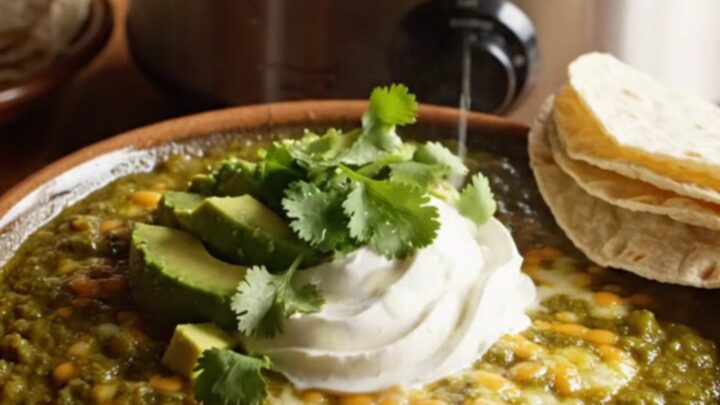 A steaming bowl of Colorado green pork chili topped with melted yellow cheddar and fresh cilantro.