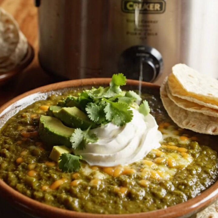 A steaming bowl of Colorado green pork chili topped with melted yellow cheddar and fresh cilantro.
