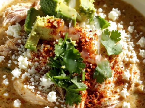 A white stoneware Crockpot filled with creamy elote chicken stew topped with melted cheese and fresh cilantro.