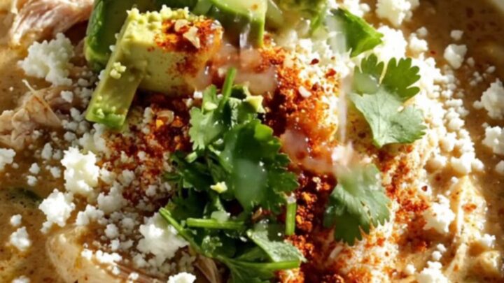 A white stoneware Crockpot filled with creamy elote chicken stew topped with melted cheese and fresh cilantro.
