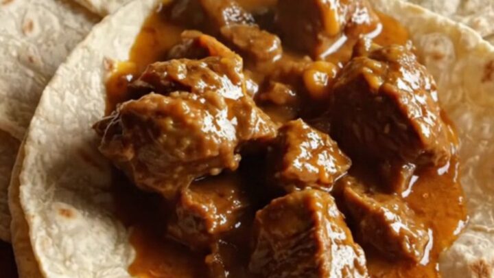 A rustic ceramic crockpot filled with rich carne guisada, featuring tender beef in a glossy cumin gravy topped with melted