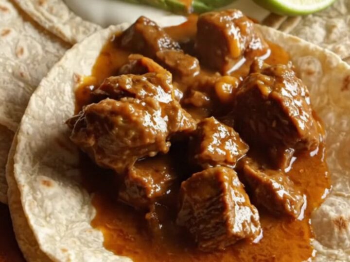 A rustic ceramic crockpot filled with rich carne guisada, featuring tender beef in a glossy cumin gravy topped with melted