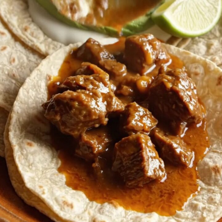 A rustic ceramic crockpot filled with rich carne guisada, featuring tender beef in a glossy cumin gravy topped with melted