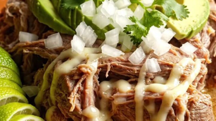 A rustic bowl of slow-cooked lamb birria topped with melted Oaxaca cheese and fresh cilantro