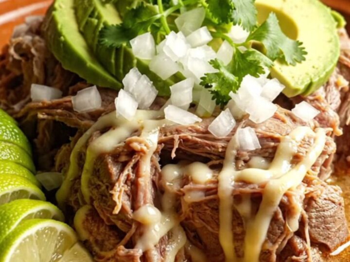 A rustic bowl of slow-cooked lamb birria topped with melted Oaxaca cheese and fresh cilantro