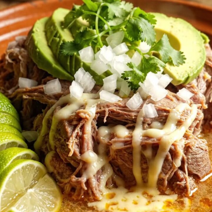 A rustic bowl of slow-cooked lamb birria topped with melted Oaxaca cheese and fresh cilantro