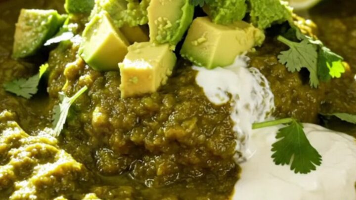 A close-up of a creamy tomatillo chicken and white bean bake in a white ceramic crockpot with bubbling melted cheese.