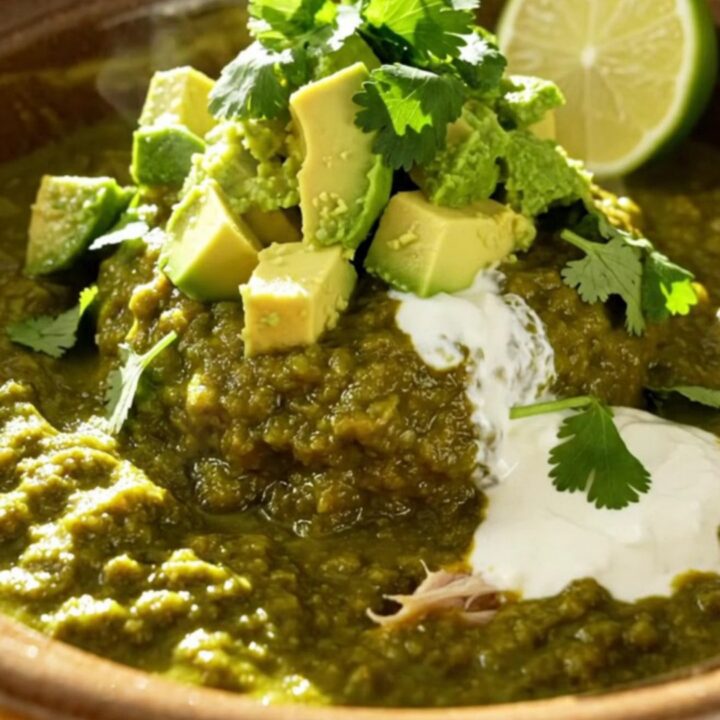 A close-up of a creamy tomatillo chicken and white bean bake in a white ceramic crockpot with bubbling melted cheese.
