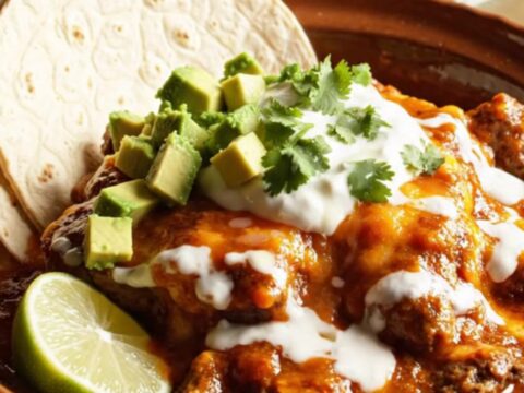 A close-up shot of slow-cooked beef chuck in a rich, deep red chile Colorado sauce topped with bubbling