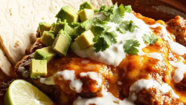A close-up shot of slow-cooked beef chuck in a rich, deep red chile Colorado sauce topped with bubbling
