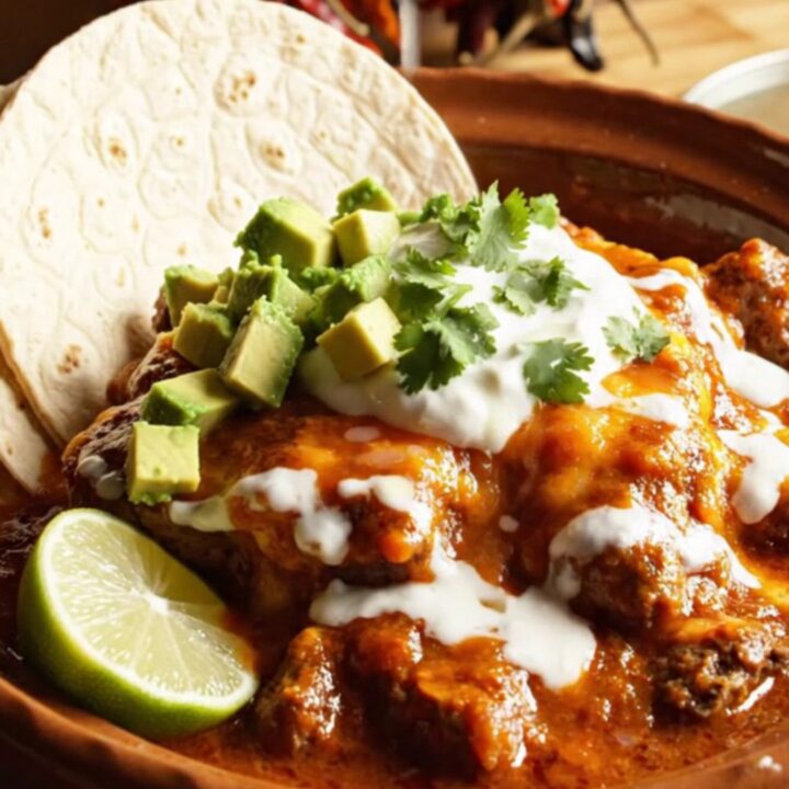 A close-up shot of slow-cooked beef chuck in a rich, deep red chile Colorado sauce topped with bubbling