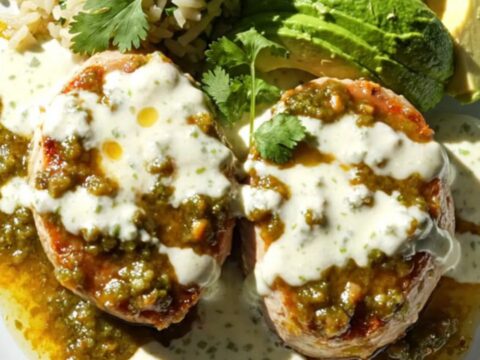 A close-up of tender pork tenderloin medallions topped with melted Monterey Jack cheese and garnished with fresh cilantro.