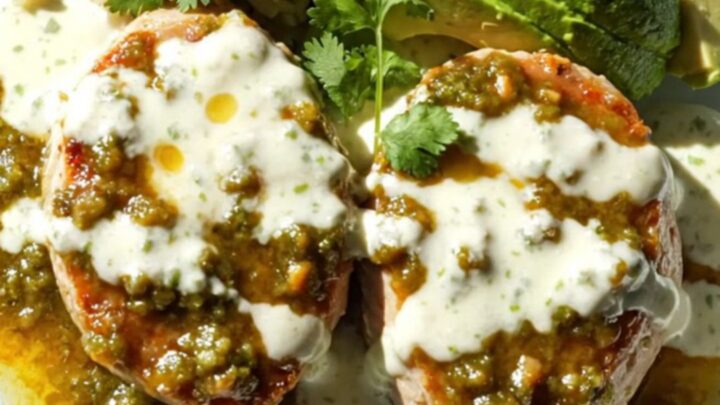 A close-up of tender pork tenderloin medallions topped with melted Monterey Jack cheese and garnished with fresh cilantro.