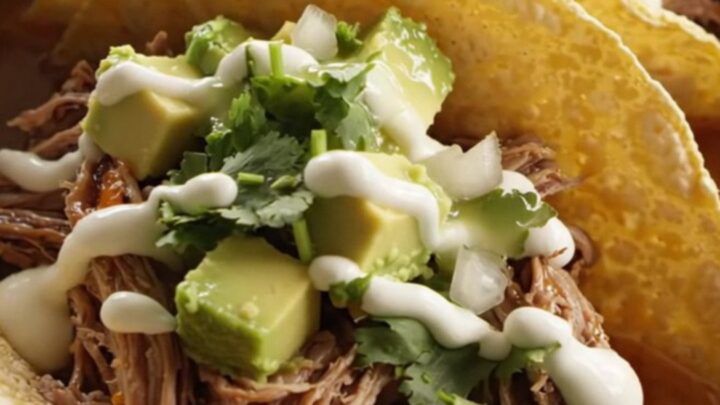 A cinematic shot of slow-cooked, shredded beef barbacoa topped with melted Oaxaca cheese in a stainless steel slow cooker.