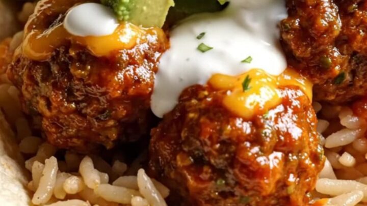 A glossy black slow cooker filled with juicy meatballs in red enchilada sauce and melted cheese.