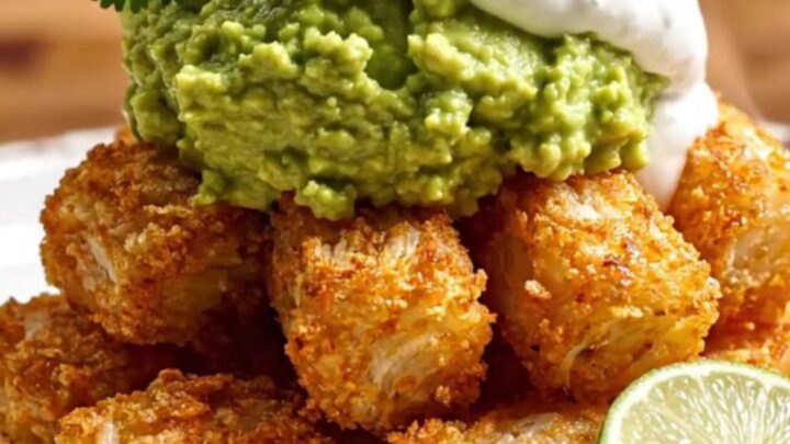 A close-up view of loaded totchos in a slow cooker, topped with melted cheese, cilantro, and fresh jalapeño slices.