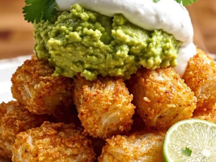 A close-up view of loaded totchos in a slow cooker, topped with melted cheese, cilantro, and fresh jalapeño slices.
