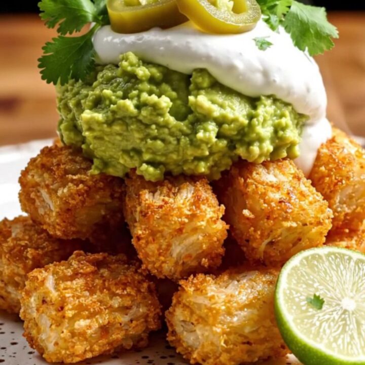 A close-up view of loaded totchos in a slow cooker, topped with melted cheese, cilantro, and fresh jalapeño slices.