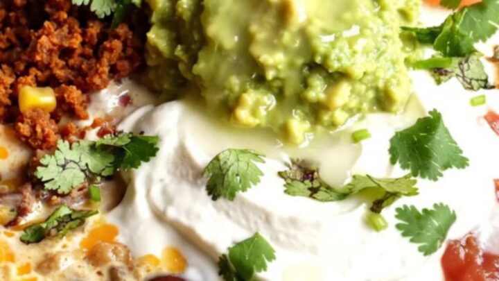 A rustic slow cooker filled with bubbling, melted cheese dip topped with brisket, chorizo, and fresh cilantro.