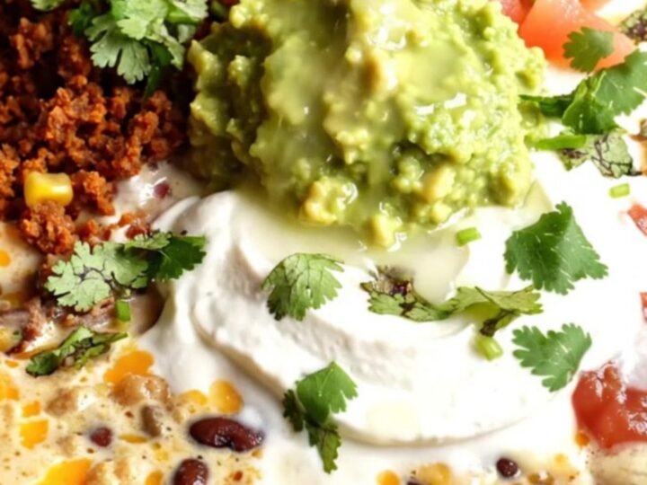A rustic slow cooker filled with bubbling, melted cheese dip topped with brisket, chorizo, and fresh cilantro.