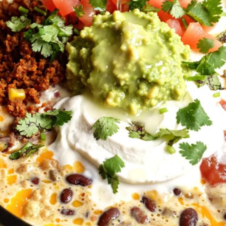 A rustic slow cooker filled with bubbling, melted cheese dip topped with brisket, chorizo, and fresh cilantro.