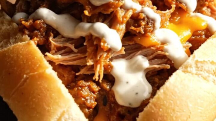 A close-up of a slow cooker filled with shredded pork carnitas, black beans, and melted cheese.